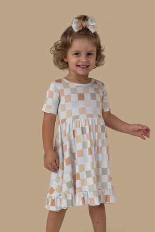 MUTED CHECKERS DREAM RUFFLE DRESS