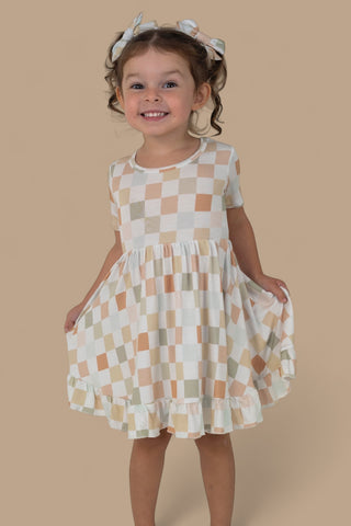 MUTED CHECKERS DREAM RUFFLE DRESS