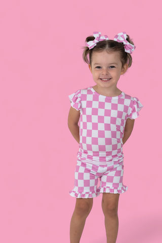 BUBBLEGUM CHECKERS DREAM RUFFLE SHORT SET