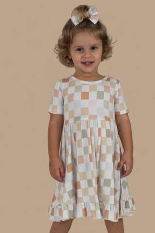 MUTED CHECKERS DREAM RUFFLE DRESS