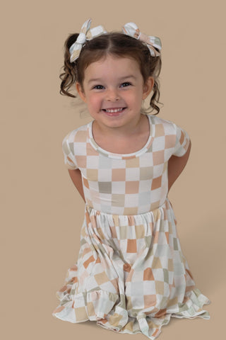 MUTED CHECKERS DREAM RUFFLE DRESS