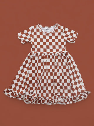 COPPER CHECKERS DREAM RUFFLE DRESS