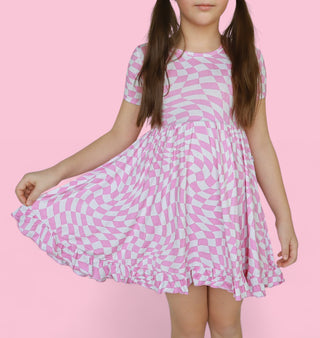 BUBBLEGUM WAVY CHECKERS DREAM RUFFLE DRESS