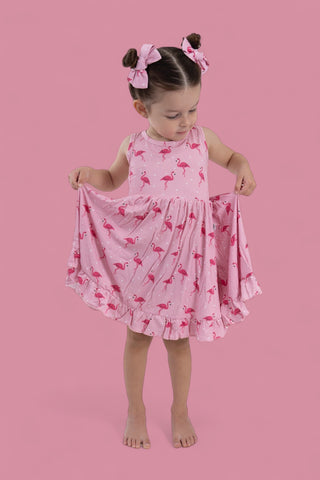 FLOCKING FLAMINGOS SLEEVELESS DREAM RUFFLE DRESS