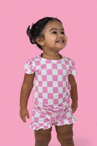 BUBBLEGUM CHECKERS DREAM RUFFLE SHORT SET