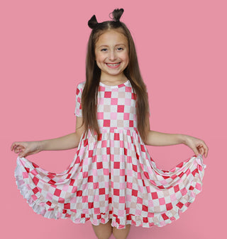 DREAMY PINK CHECKERS DREAM RUFFLE DRESS