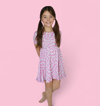 BUBBLEGUM WAVY CHECKERS DREAM RUFFLE DRESS