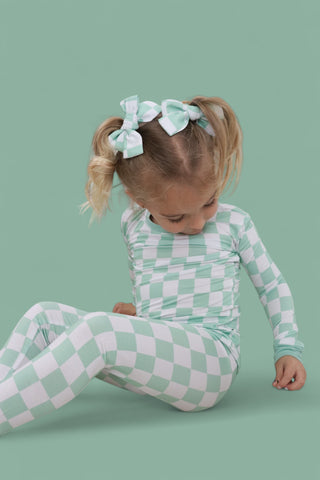 MINT CHECKERS DREAM BOW HAIR CLIPS