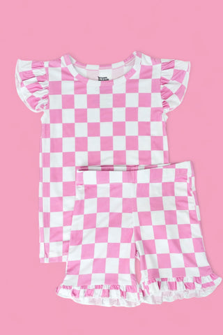 BUBBLEGUM CHECKERS DREAM RUFFLE SHORT SET