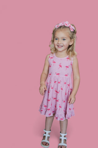 FLOCKING FLAMINGOS SLEEVELESS DREAM RUFFLE DRESS