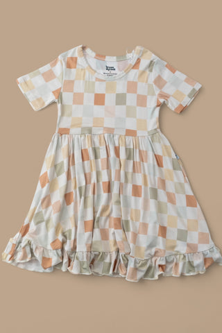 MUTED CHECKERS DREAM RUFFLE DRESS