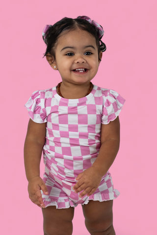 BUBBLEGUM CHECKERS DREAM RUFFLE SHORT SET