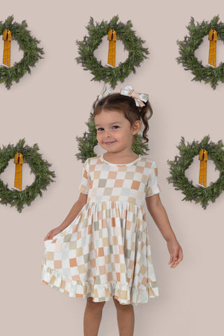 MUTED CHECKERS DREAM RUFFLE DRESS