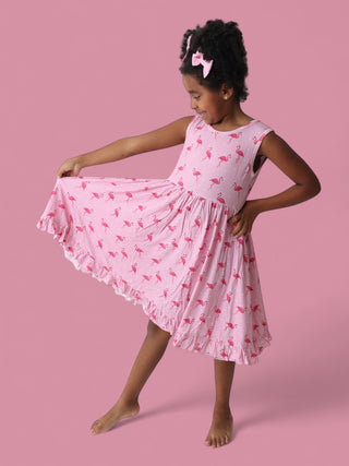 FLOCKING FLAMINGOS SLEEVELESS DREAM RUFFLE DRESS