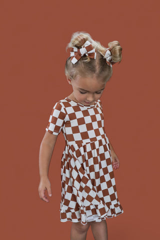 COPPER CHECKERS DREAM RUFFLE DRESS