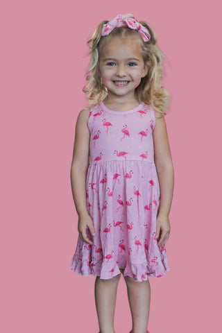 FLOCKING FLAMINGOS SLEEVELESS DREAM RUFFLE DRESS