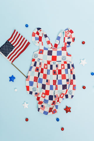 HOME OF THE FREE CHECKERS DREAM BUBBLE ROMPER