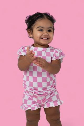 BUBBLEGUM CHECKERS DREAM RUFFLE SHORT SET