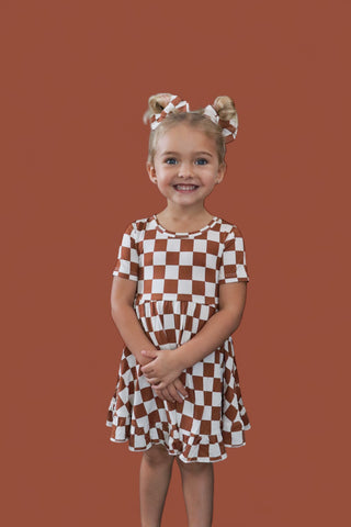 COPPER CHECKERS DREAM RUFFLE DRESS