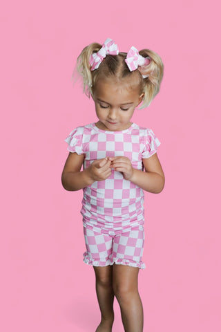 BUBBLEGUM CHECKERS DREAM RUFFLE SHORT SET