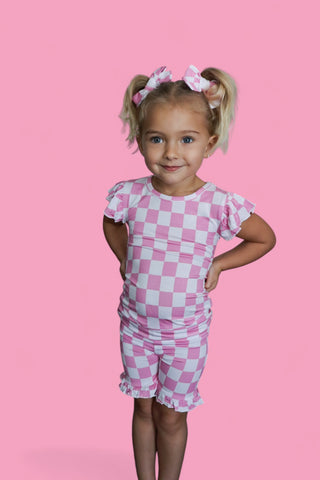 BUBBLEGUM CHECKERS DREAM RUFFLE SHORT SET