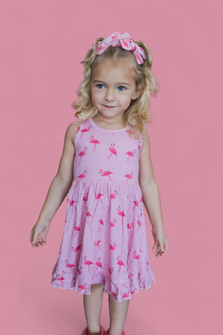 FLOCKING FLAMINGOS SLEEVELESS DREAM RUFFLE DRESS