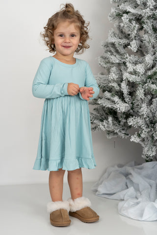 HAZY BLUE RIB DREAM RUFFLE DRESS