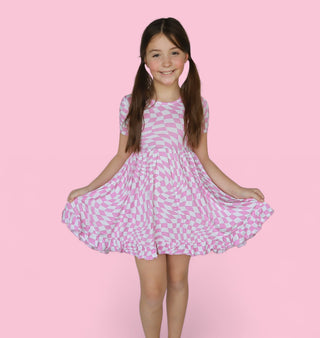 BUBBLEGUM WAVY CHECKERS DREAM RUFFLE DRESS