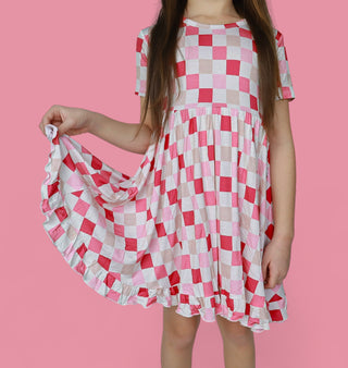 DREAMY PINK CHECKERS DREAM RUFFLE DRESS