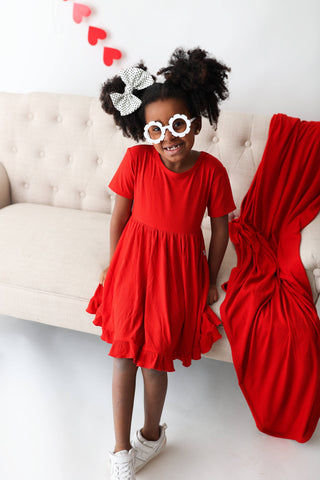 RED RIB DREAM RUFFLE DRESS