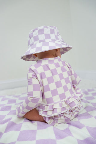 PERIWINKLE CHECKERS DREAM RASH GUARD RUFFLE TWO-PIECE SWIM SUIT