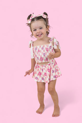 WAVY DAISY CHECKERS DREAM SMOCKED SKORT SET